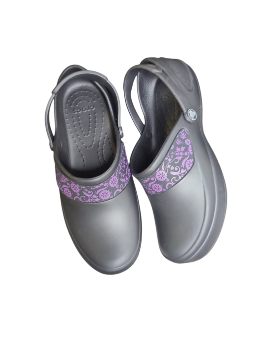 Crocs Mercy Work Clogs Women Size 10 Black Purple Floral Slip Resistant NWOT